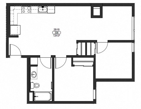Floor plan for 2 beds, 1 bath, 729 sqft